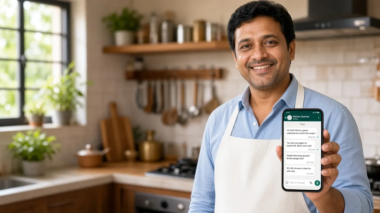 Indian male home cook holding a phone in a home kitchen