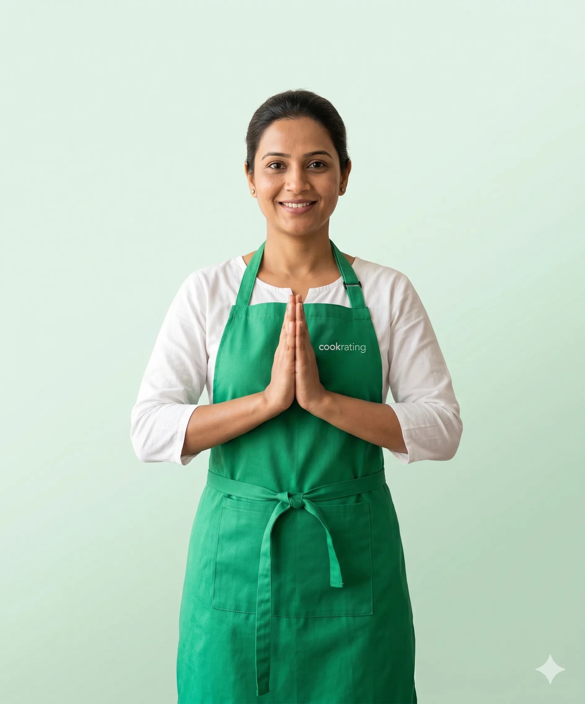 Verified cookrating professional cook in branded apron, hands in namaste